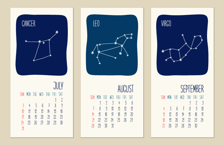 Calendar with zodiac signs