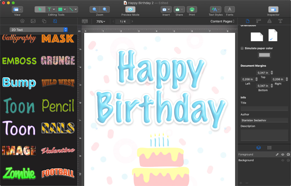 Swift Publisher for Mac birthday greeting card with artistic headings