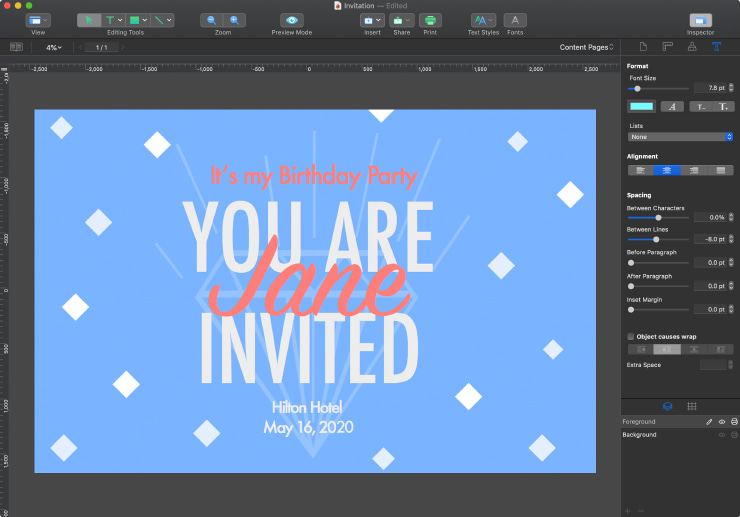 Party invitation created in Swift Publisher