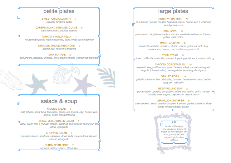 Restaurant menu with text boxes