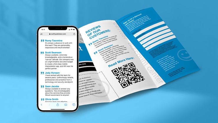Tri-fold brochure with QR code created in Swift Publisher for Mac