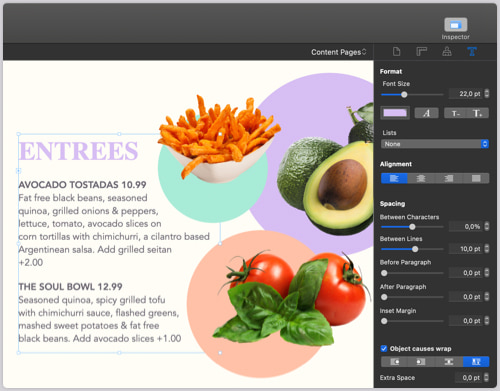 Food menu card with entrees designed in Swift Publisher for Mac