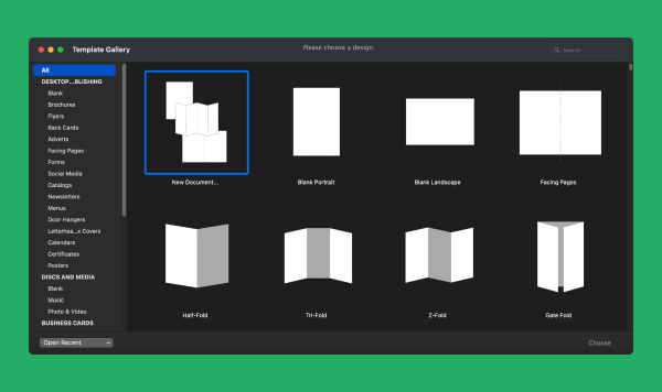 Quick Start Guide for Swift Publisher on Mac article preview with Template Gallery.