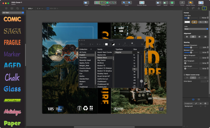 Adding VHS cover text in Swift Publisher for Mac.