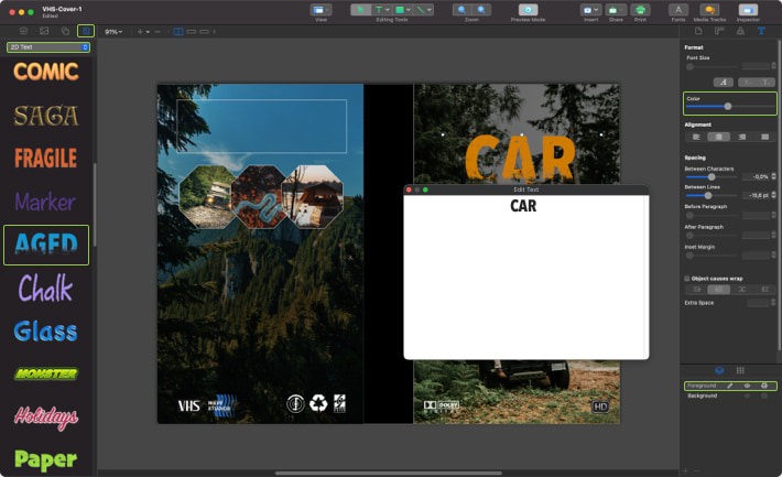 Adding a header to VHS cover in Swift Publisher for Mac.