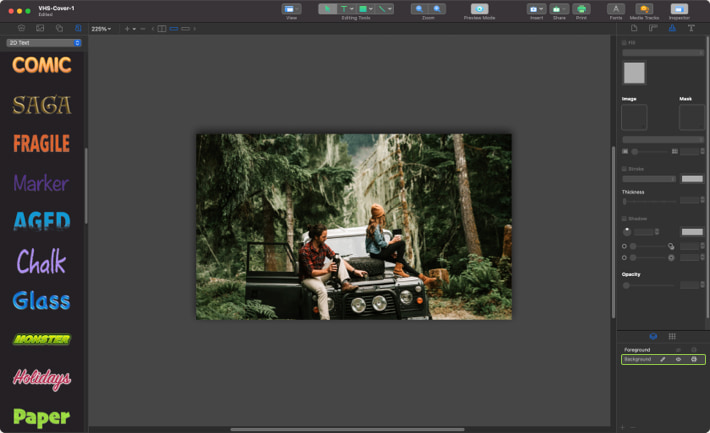 Adding photo to the VHS face element background layer in Swift Publisher for Mac.