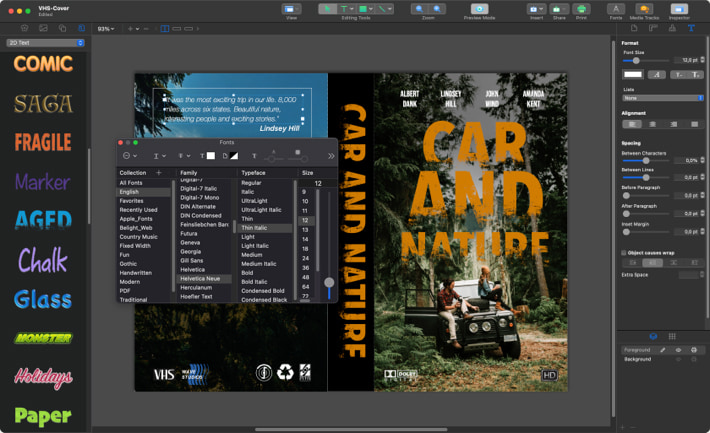 Adding text to the VHS back cover in Swift Publisher for Mac.