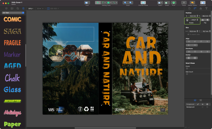 Adding text to the middle cover of the VHS cassette in Swift Publisher for Mac.
