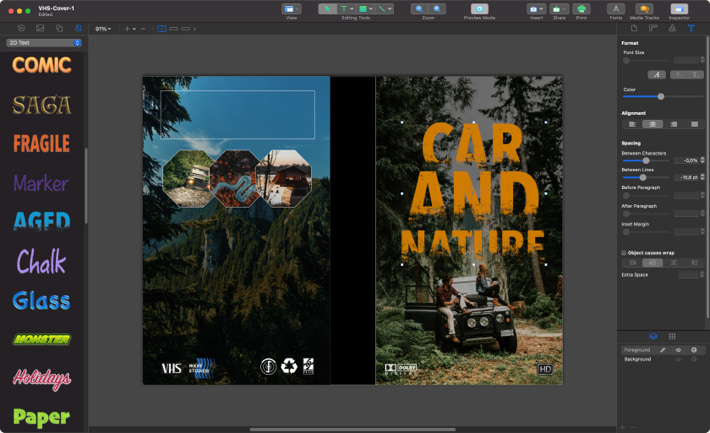 Adding words to the VHS cover header in Swift Publisher for Mac.