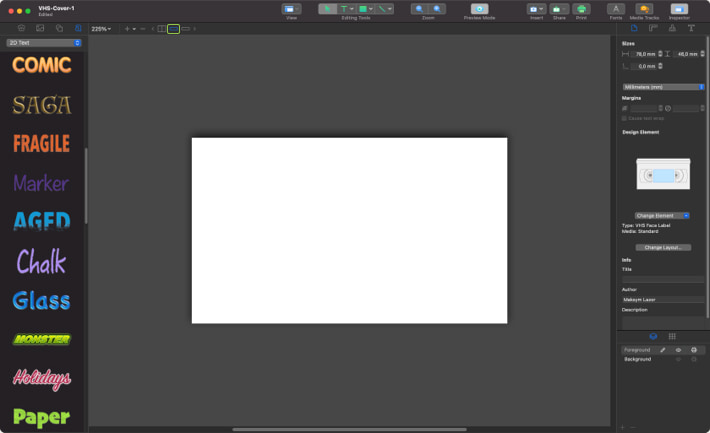 Designing VHS face element in Swift Publisher for Mac.